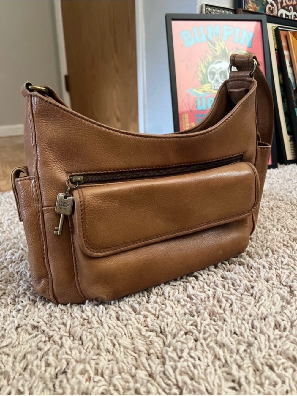 Fossil Cognac Brown Leather Shoulder Bag with Front Pocket